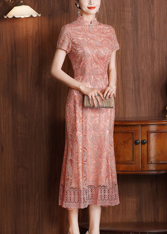 Classy Pink Stand Collar Lace Patchwork Long Dresses Summer - Image 3