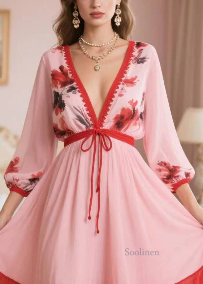 Classy Pink V Neck Patchwork Chiffon Dress Summer - Image 2
