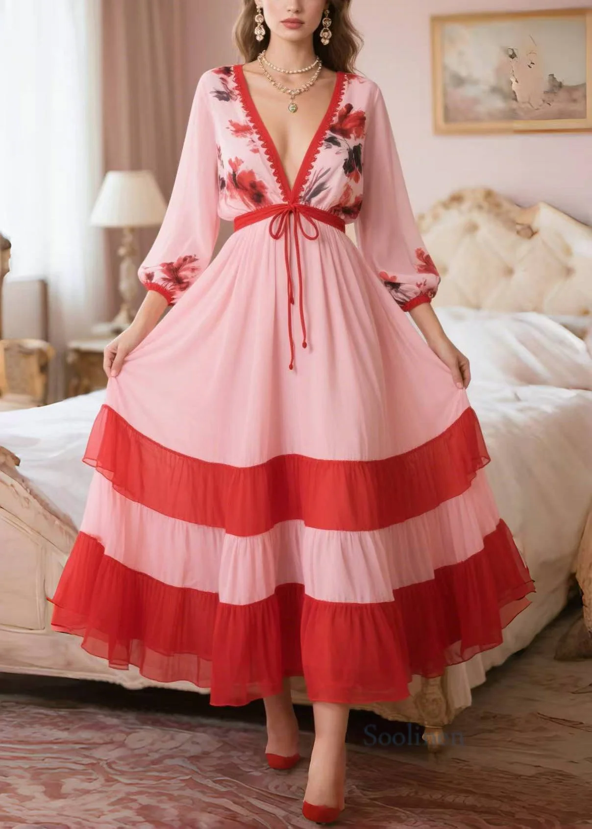 Classy Pink V Neck Patchwork Chiffon Dress Summer - Image 3
