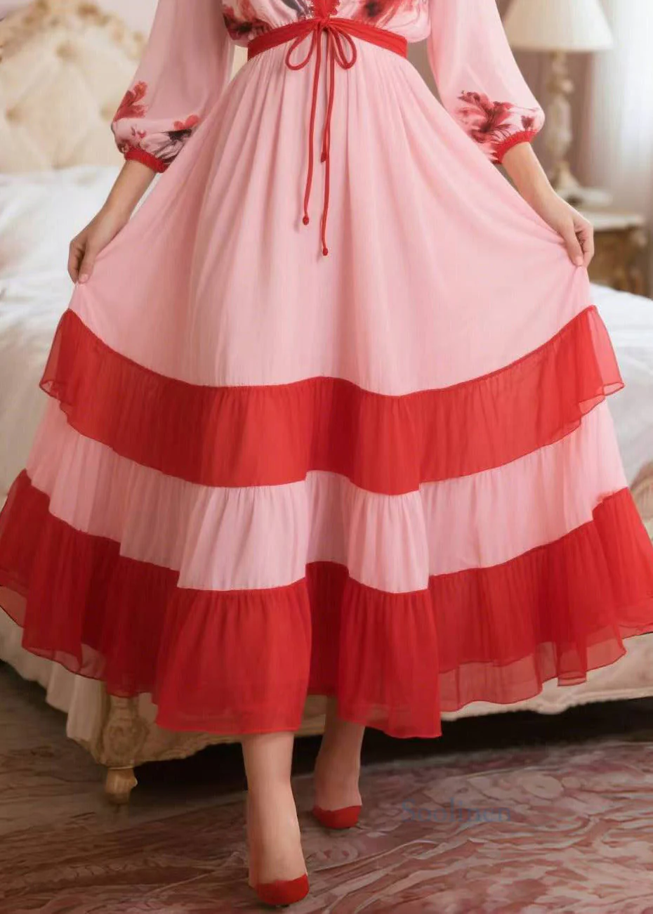 Classy Pink V Neck Patchwork Chiffon Dress Summer - Image 4