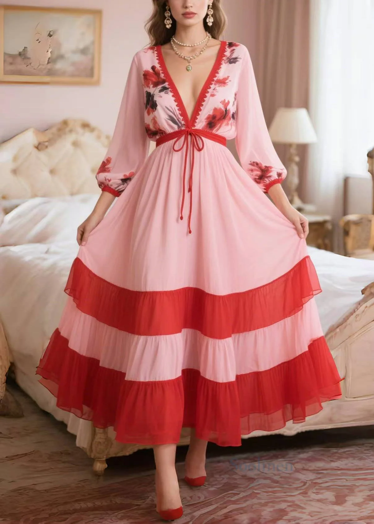 Classy Pink V Neck Patchwork Chiffon Dress Summer - Image 5