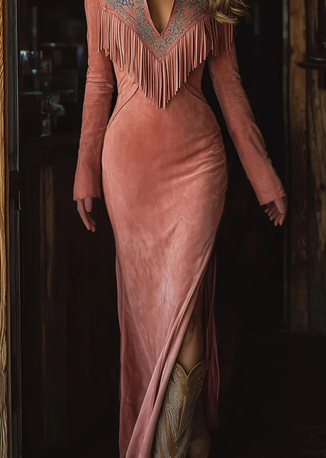 Classy Pink V Neck Tassel Side Open Faux Suede Dress Spring - Image 3