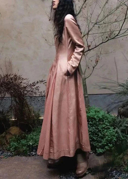Classy Pink Wrinkled Button Pockets Cotton Maxi Dresses Spring - Image 3