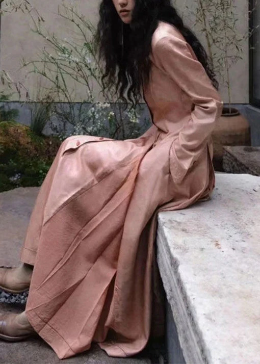 Classy Pink Wrinkled Button Pockets Cotton Maxi Dresses Spring - Image 4
