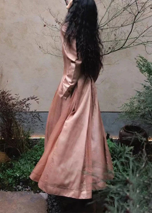 Classy Pink Wrinkled Button Pockets Cotton Maxi Dresses Spring - Image 5