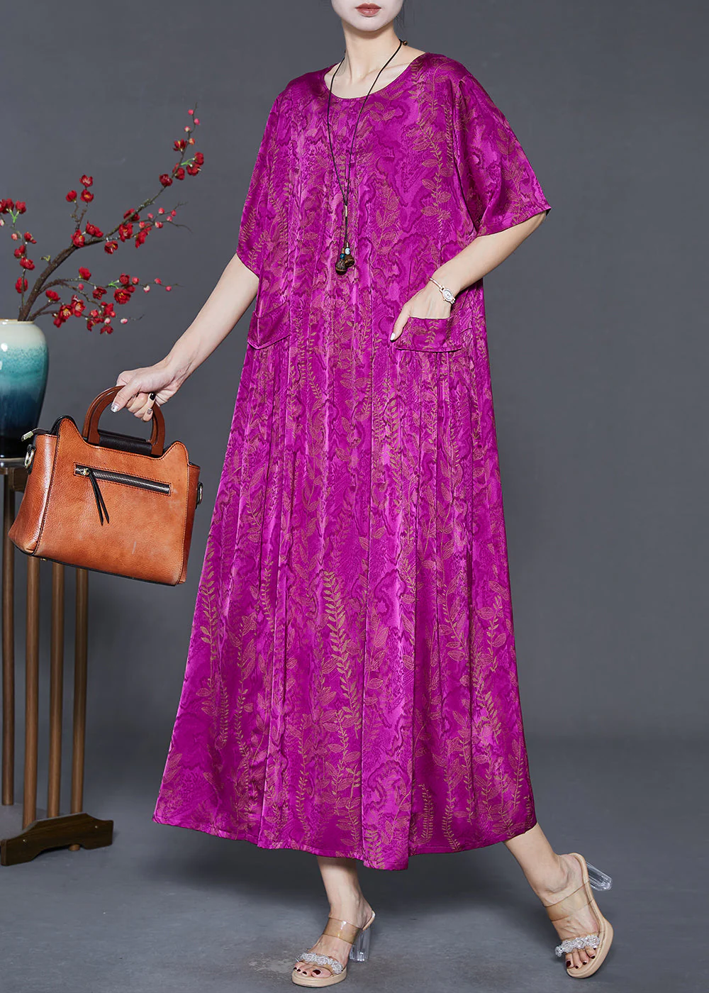 Classy Pitaya Oversized Print Silk Ankle Dress Summer - Image 2
