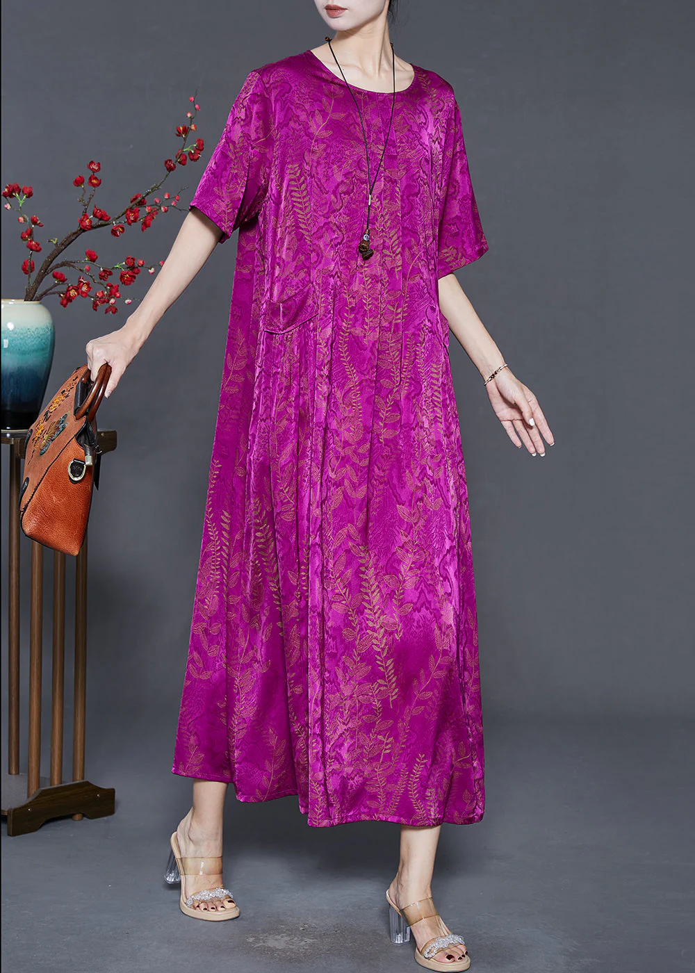 Classy Pitaya Oversized Print Silk Ankle Dress Summer - Image 3