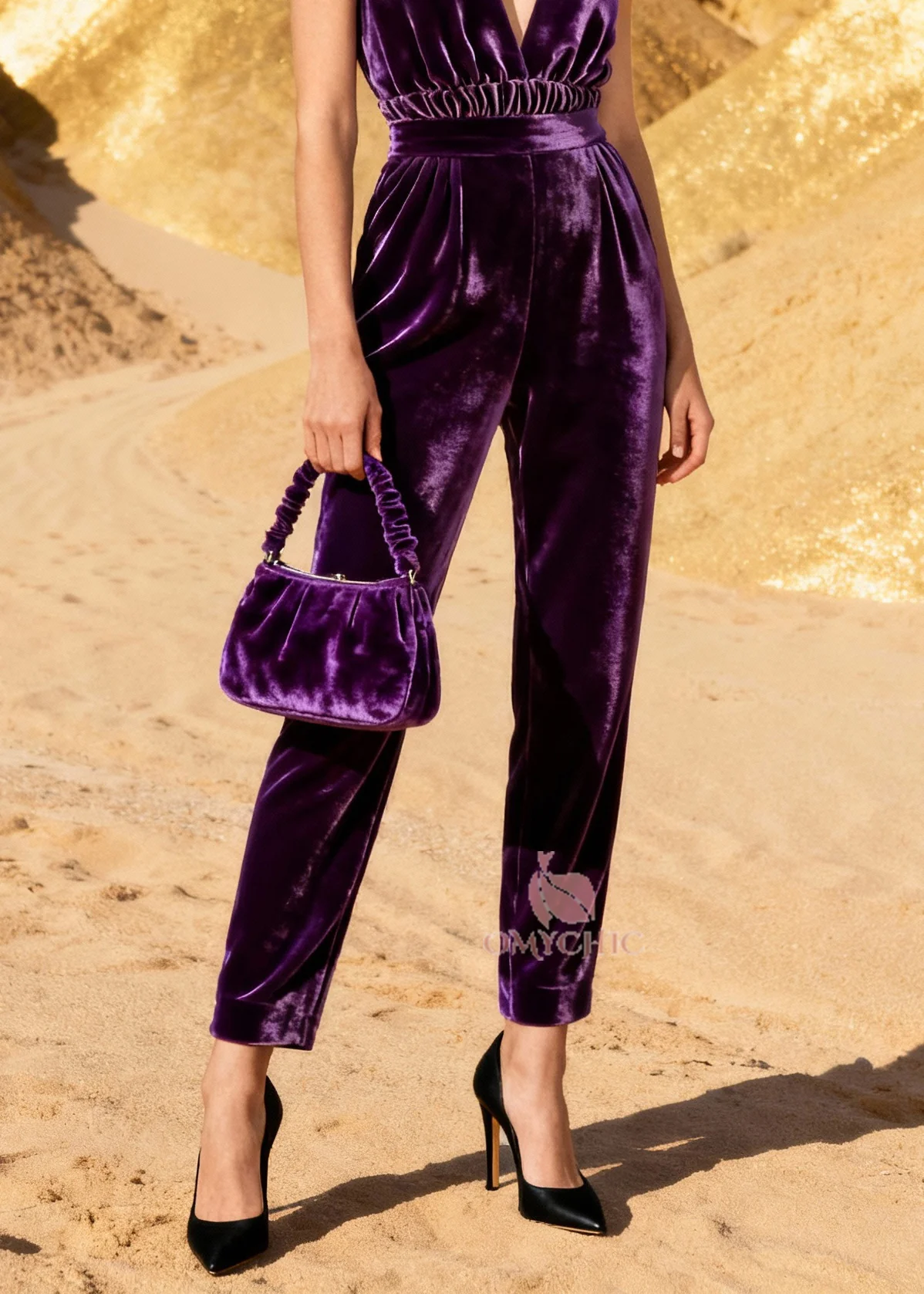 Classy Purple High Waist Silk Velvet Jumpsuit Sleeveless - Image 4