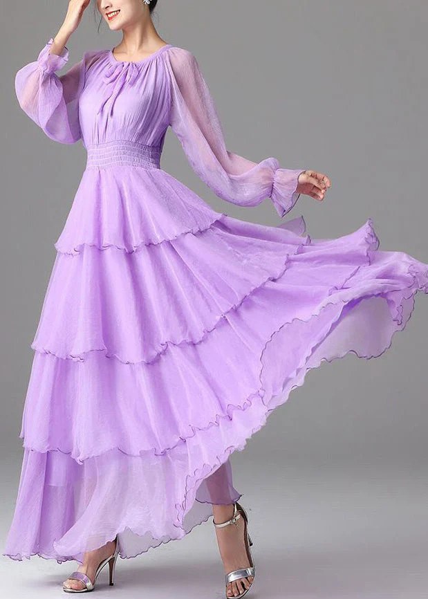 Classy Purple Lace Up Chiffon Exra Large Hem Dress Spring - Image 3