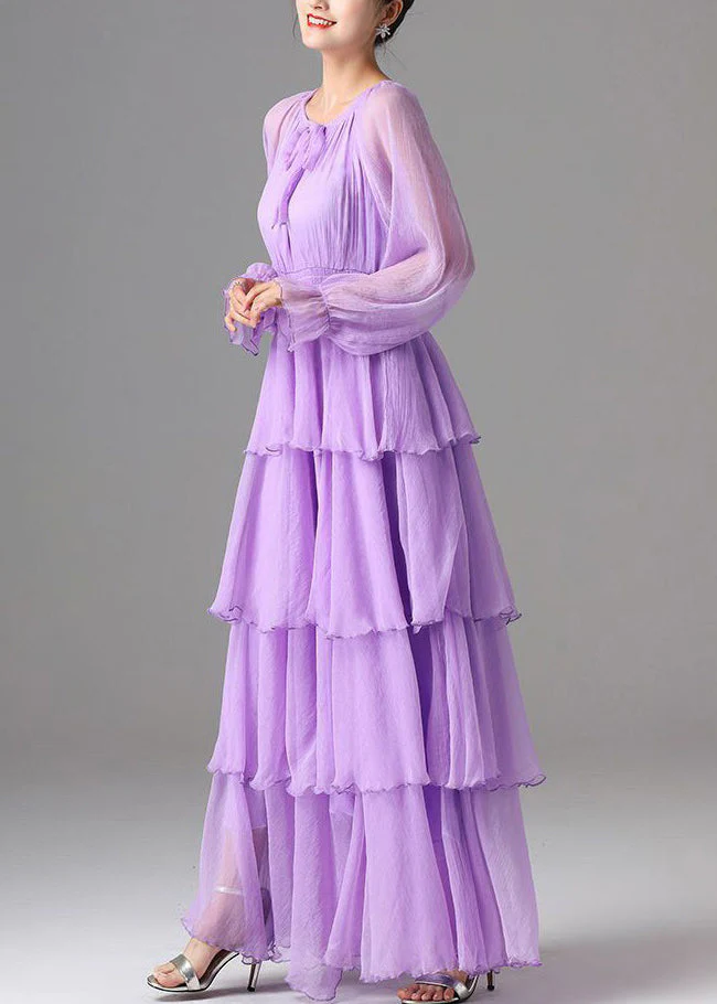 Classy Purple Lace Up Chiffon Exra Large Hem Dress Spring - Image 4