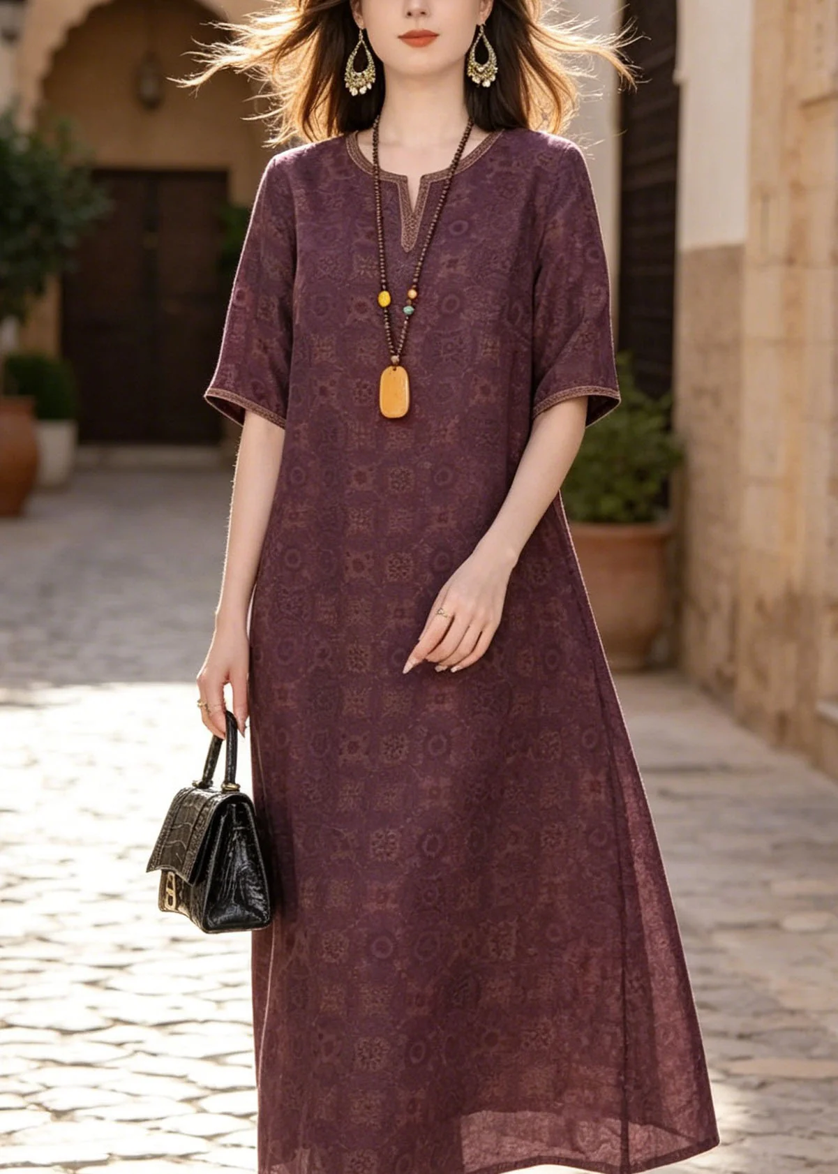 Classy Purple O Neck Print Silk Dresses Summer - Image 2