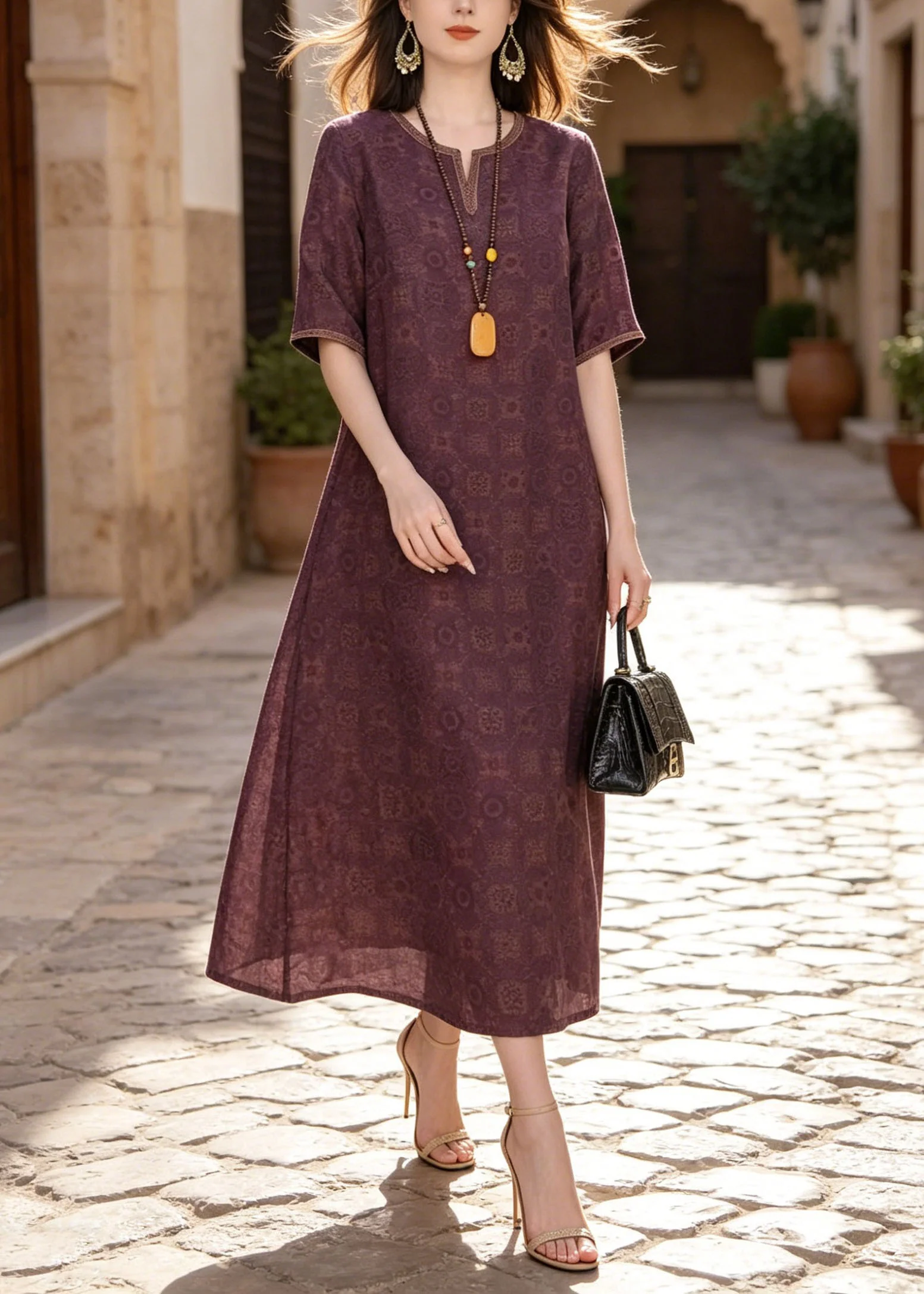 Classy Purple O Neck Print Silk Dresses Summer - Image 3