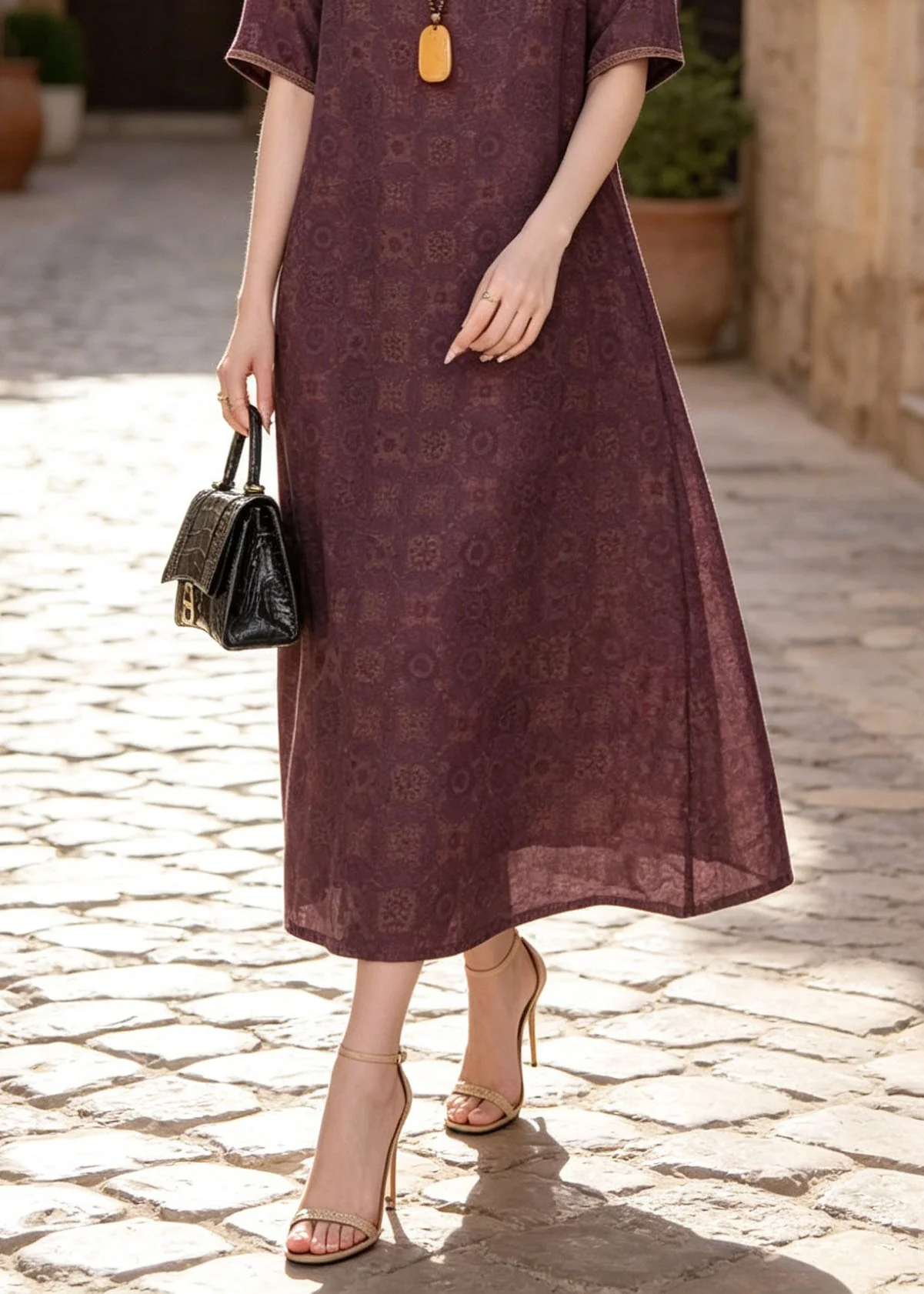 Classy Purple O Neck Print Silk Dresses Summer - Image 4