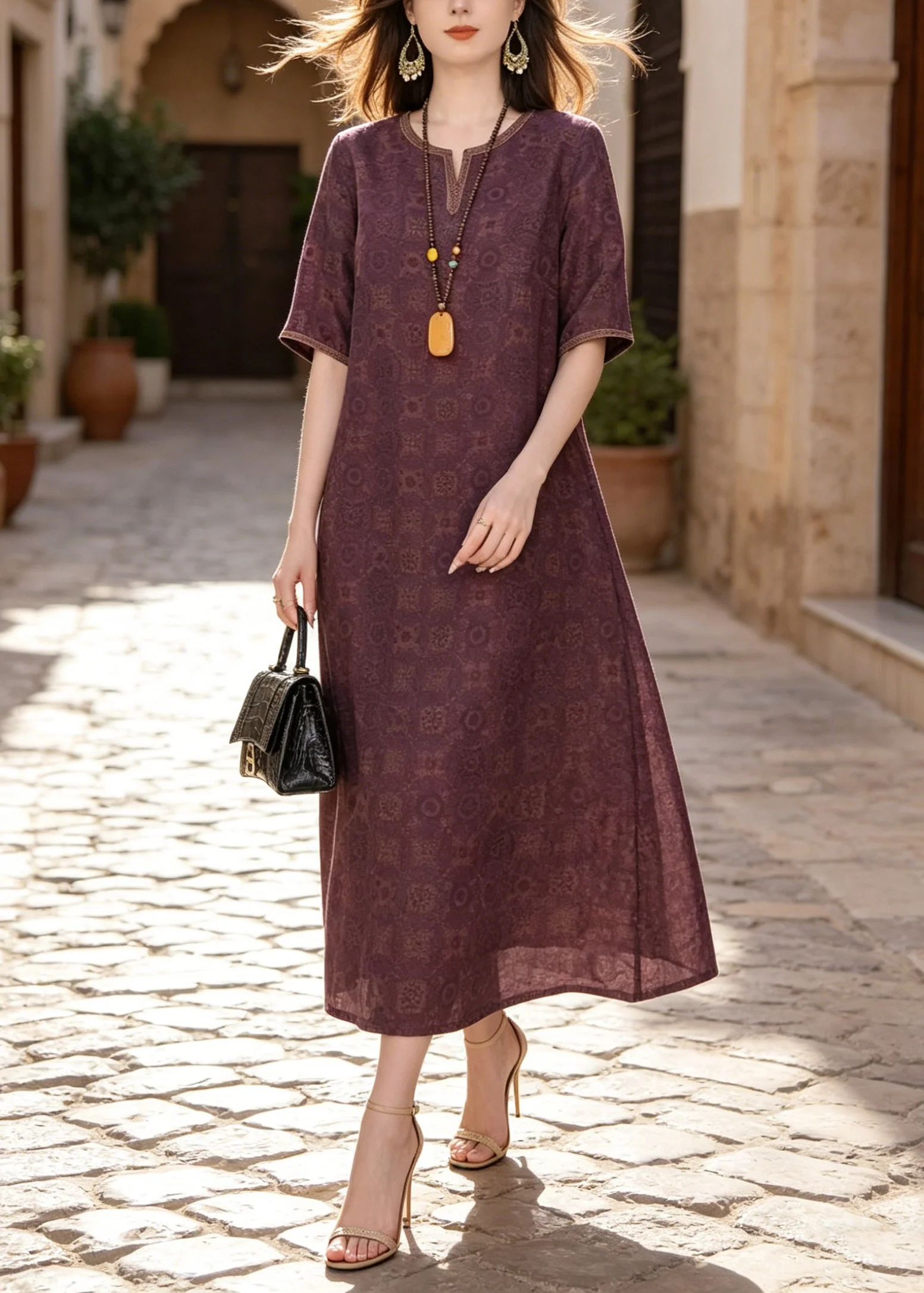 Classy Purple O Neck Print Silk Dresses Summer - Image 5