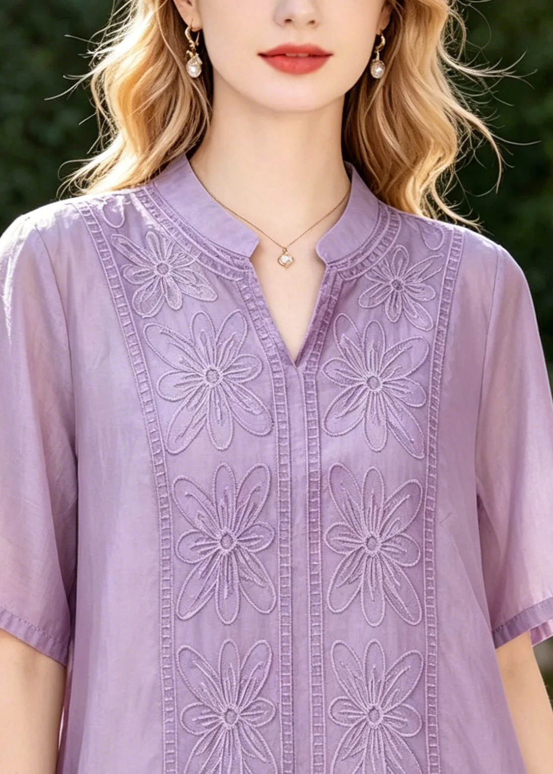 Classy Purple Oversized Embroidered Cotton Silk Top Summer - Image 2