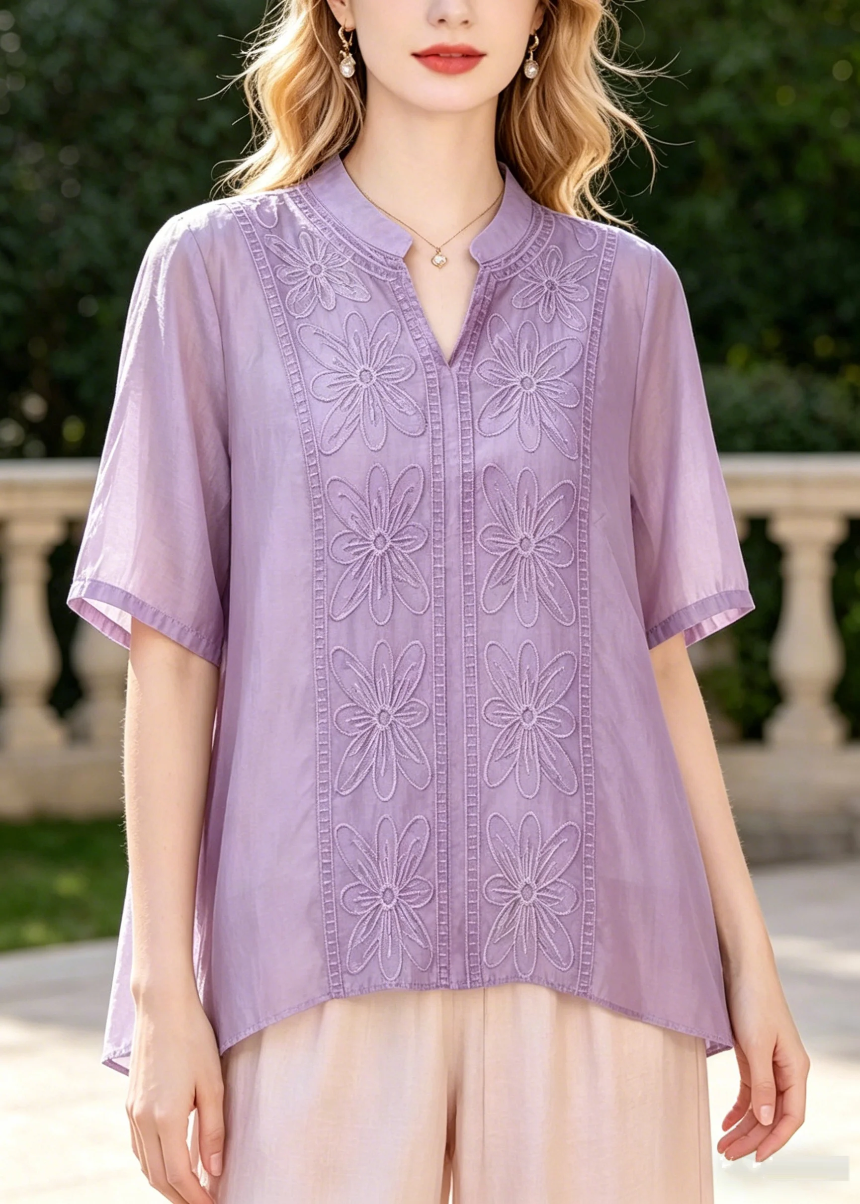 Classy Purple Oversized Embroidered Cotton Silk Top Summer - Image 5