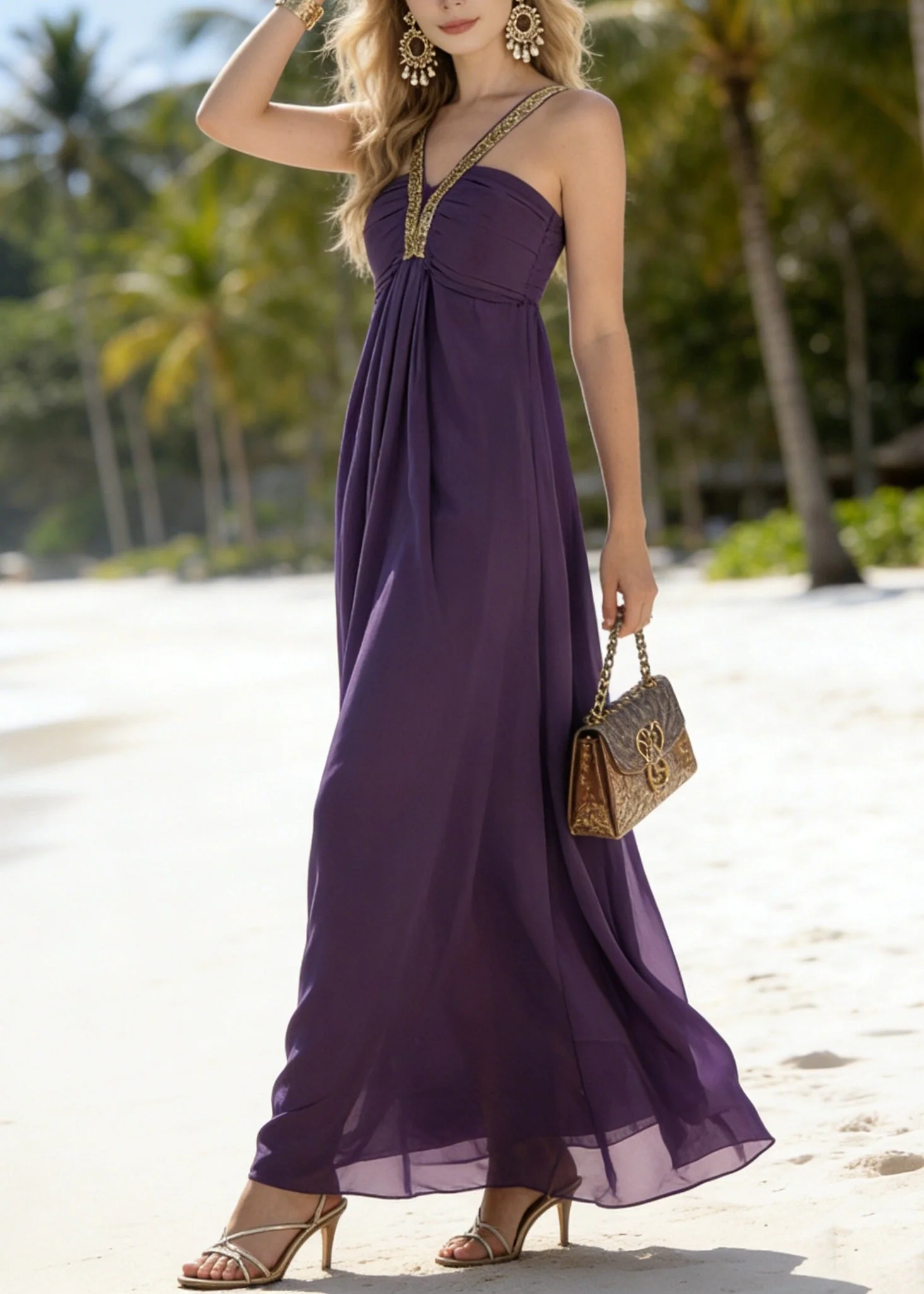 Classy Purple Patchwork Chiffon Spaghetti Strap Dress Summer - Image 2