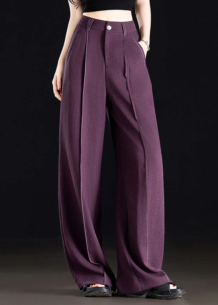 Classy Purple Pockets Patchwork Linen Straight Pants Spring - Image 3