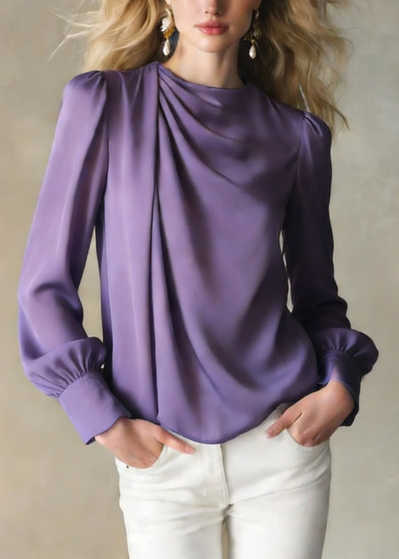 Classy Purple Wrinkled Silk Shirt Top Spring - Image 3