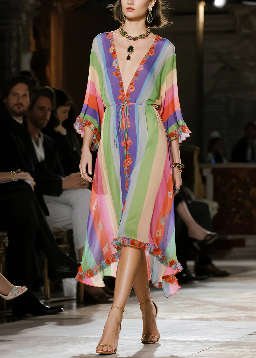 Classy Rainbow Ruffled Striped Chiffon Party Dress Summer - Image 3