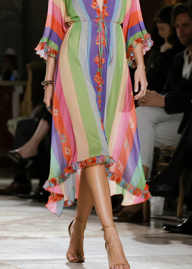 Classy Rainbow Ruffled Striped Chiffon Party Dress Summer - Image 4