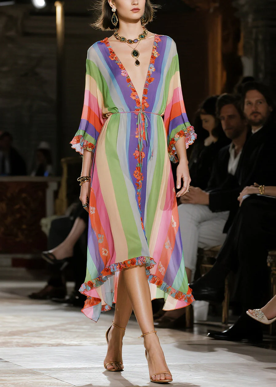 Classy Rainbow Ruffled Striped Chiffon Party Dress Summer - Image 5