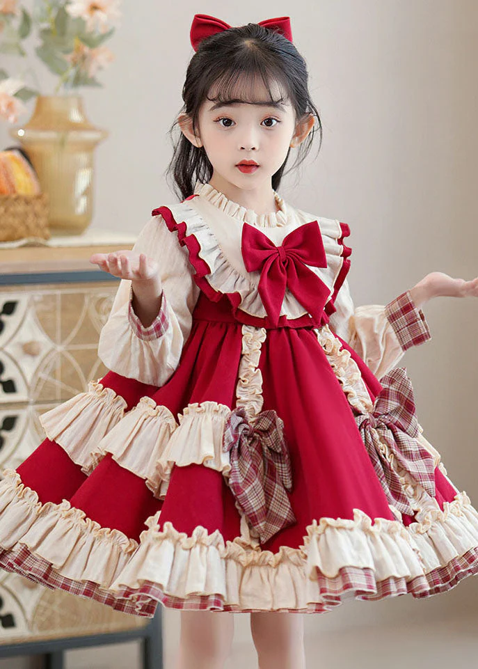 Classy Red Bow Ruffled Patchwork Kids Mid Dress Long Sleeve - Image 2
