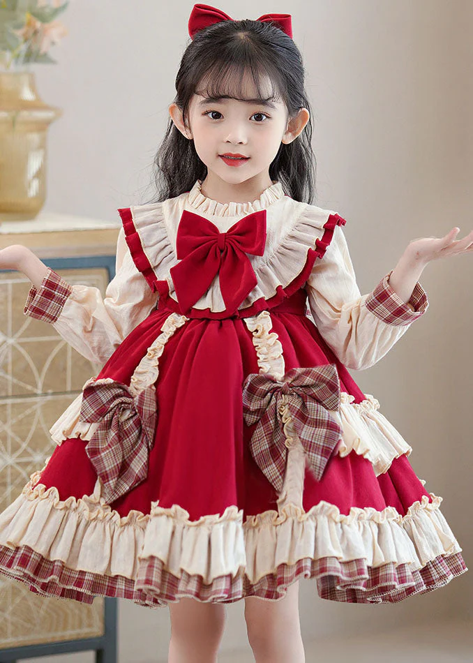 Classy Red Bow Ruffled Patchwork Kids Mid Dress Long Sleeve - Image 3