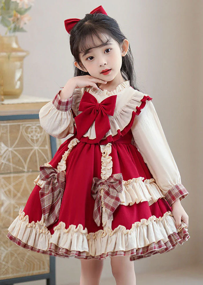 Classy Red Bow Ruffled Patchwork Kids Mid Dress Long Sleeve - Image 4