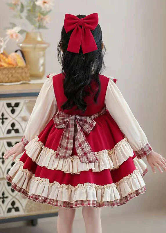 Classy Red Bow Ruffled Patchwork Kids Mid Dress Long Sleeve - Image 5