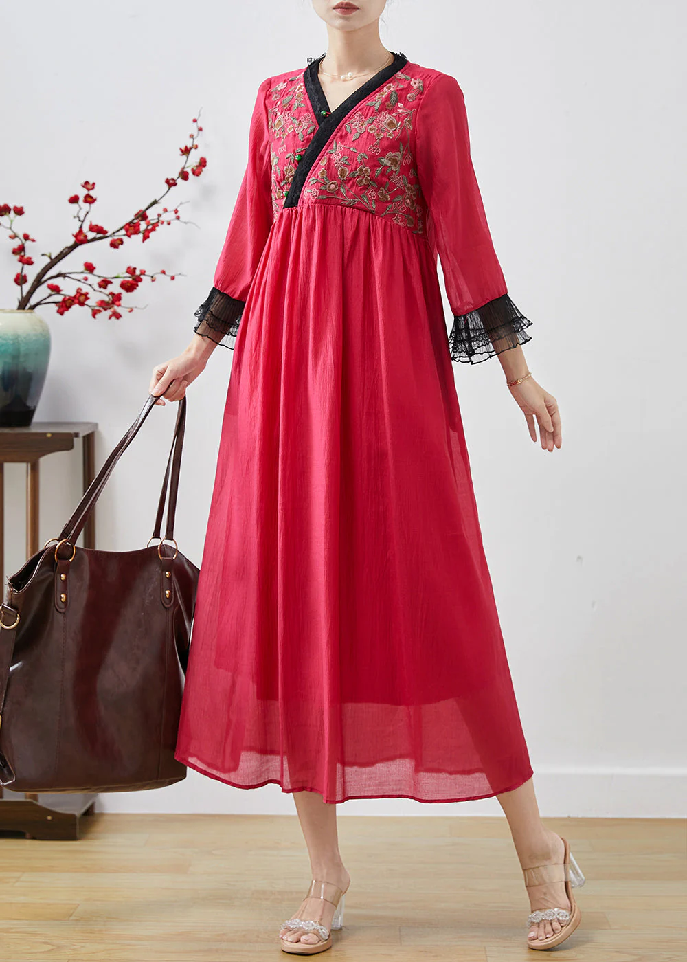 Classy Red Embroidered Patchwork Chiffon Long Dresses Spring - Image 2