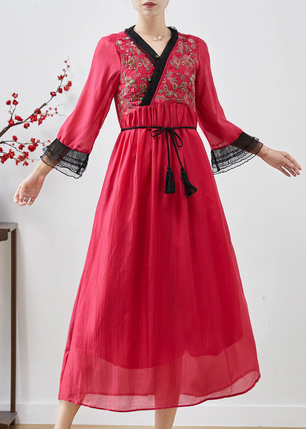 Classy Red Embroidered Patchwork Chiffon Long Dresses Spring - Image 3