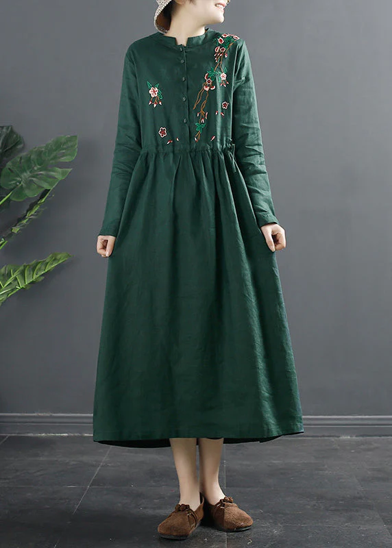 Classy Red Embroidered Linen Cinched Dresses Spring - Image 2
