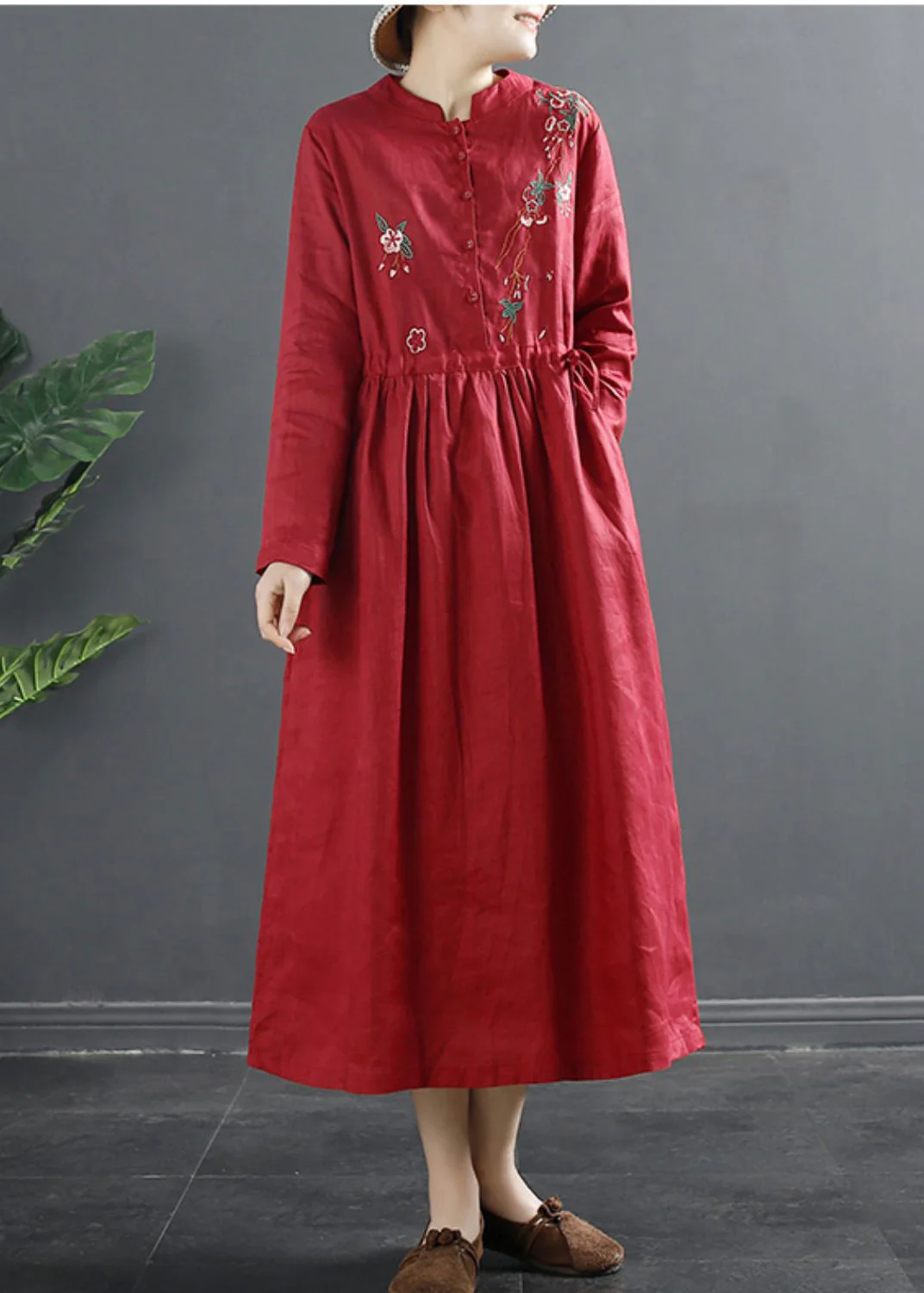 Classy Red Embroidered Linen Cinched Dresses Spring - Image 3