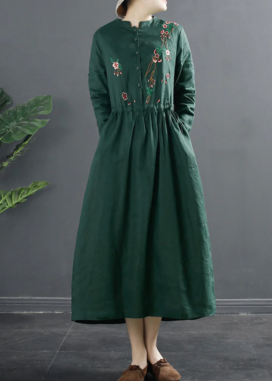 Classy Red Embroidered Linen Cinched Dresses Spring - Image 4