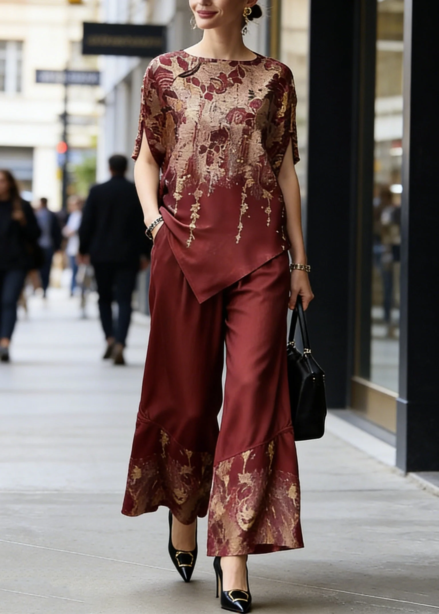 Classy Red O-Neck Print Asymmetrical Silk Two Pieces Set Summer - Image 3