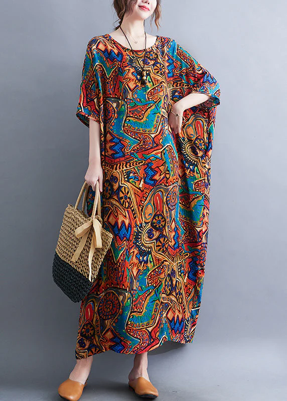 Classy Red O-Neck Print Cozy Long Dresses Summer