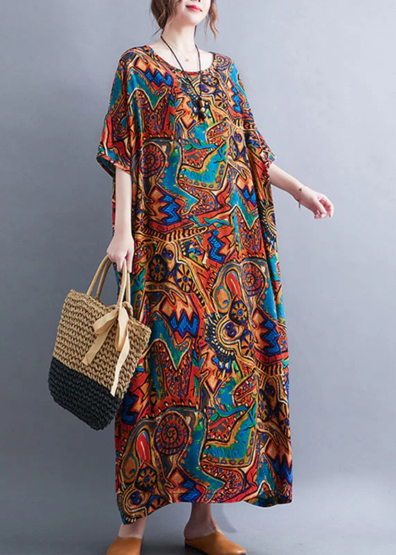 Classy Red O-Neck Print Cozy Long Dresses Summer - Image 2