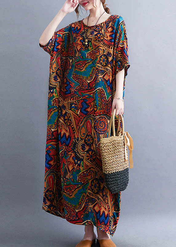Classy Red O-Neck Print Cozy Long Dresses Summer - Image 3