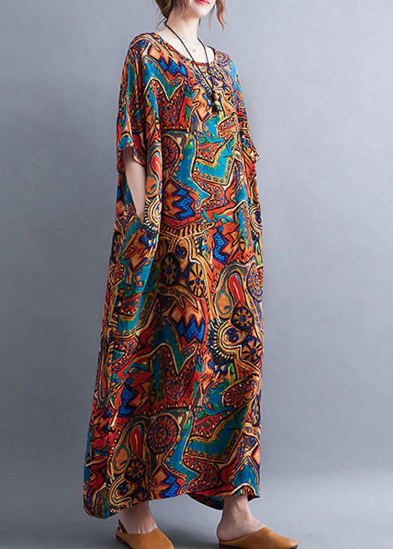 Classy Red O-Neck Print Cozy Long Dresses Summer - Image 4