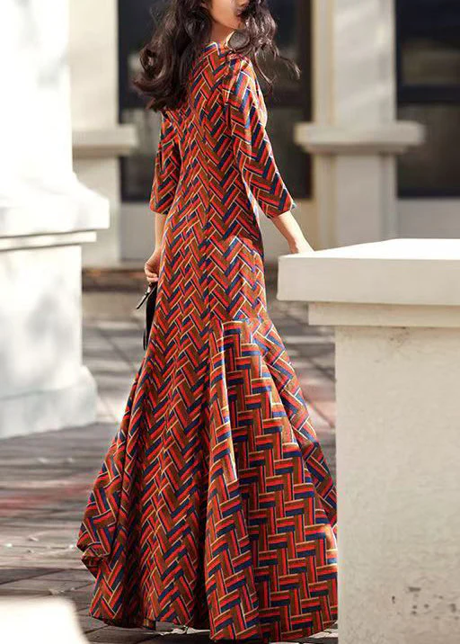 Classy Red O Neck Print Patchwork Corduroy Dress Fall