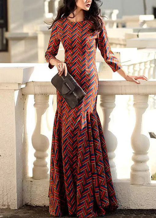 Classy Red O Neck Print Patchwork Corduroy Dress Fall - Image 2