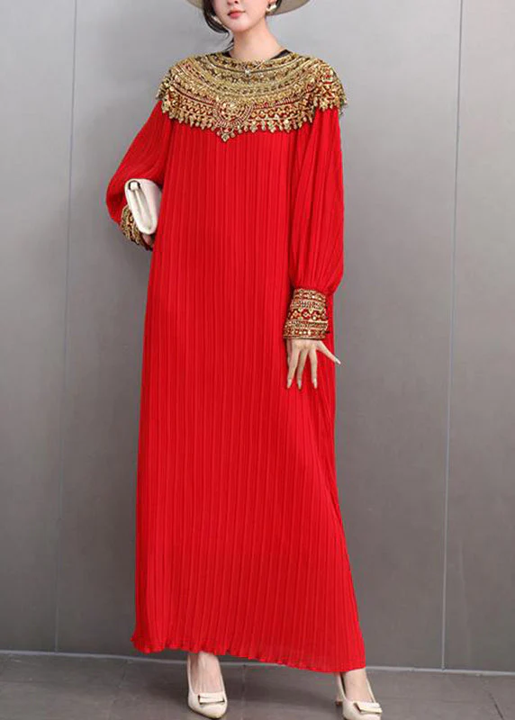 Classy Red O-Neck Sequins Sashes Holiday Maxi Dress Lantern Sleeve - Image 3