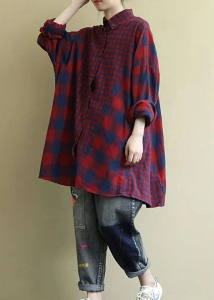 Classy Red Oversized Patchwork Plaid Cotton Shirt Dress Fall - Image 2