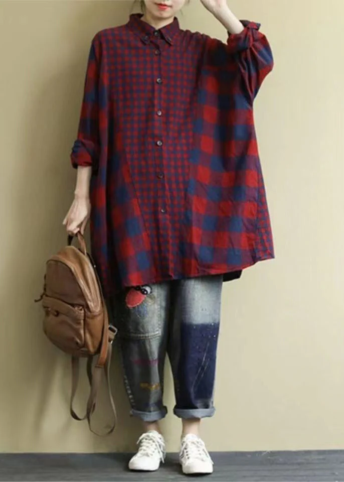 Classy Red Oversized Patchwork Plaid Cotton Shirt Dress Fall - Image 3