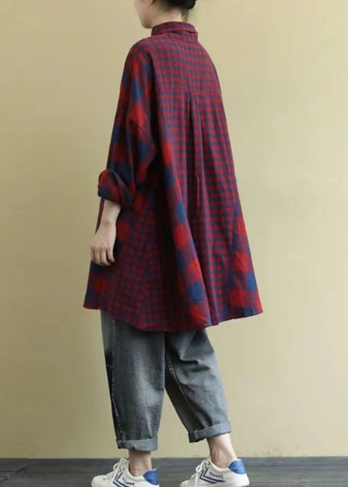 Classy Red Oversized Patchwork Plaid Cotton Shirt Dress Fall - Image 4
