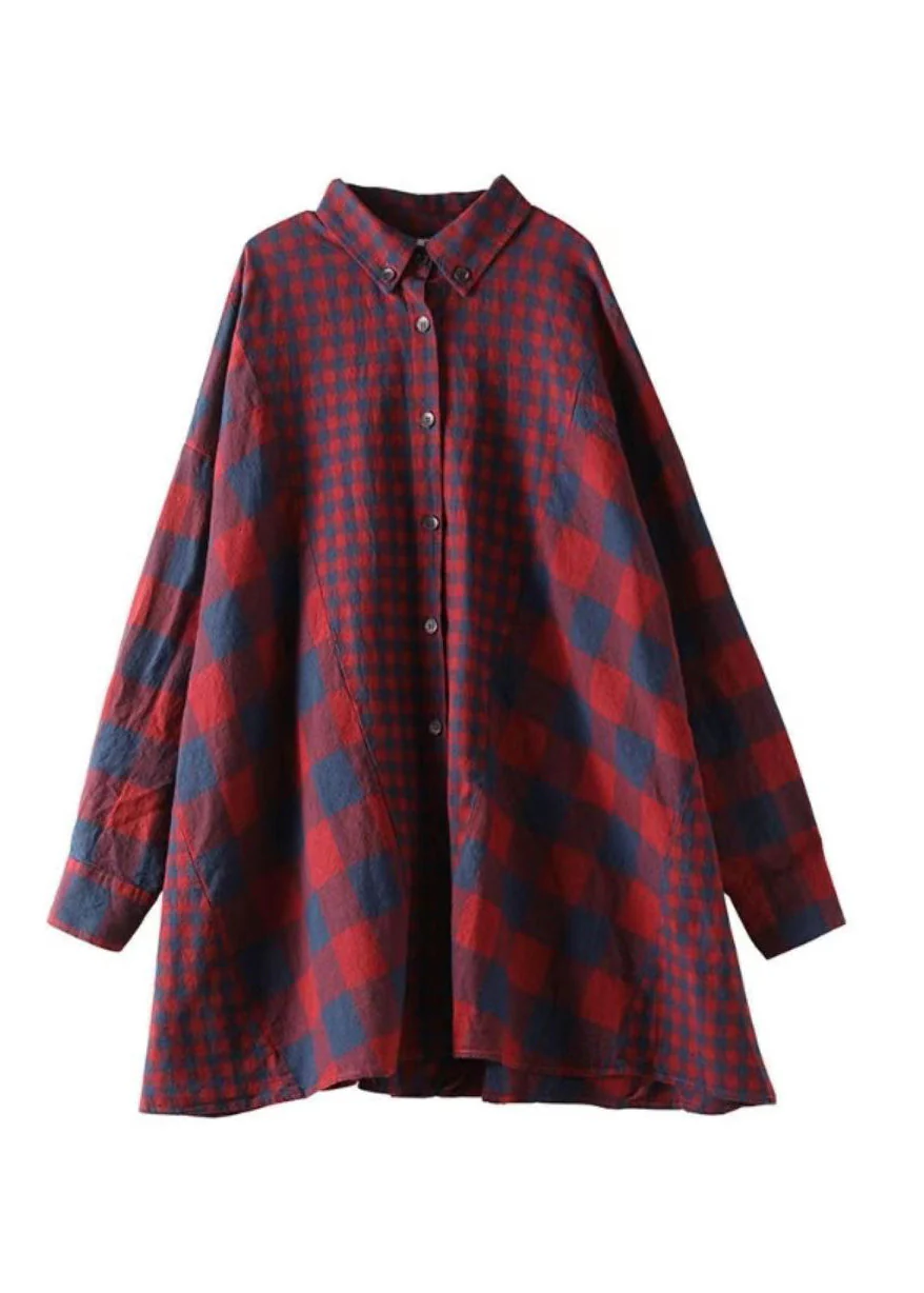 Classy Red Oversized Patchwork Plaid Cotton Shirt Dress Fall - Image 5