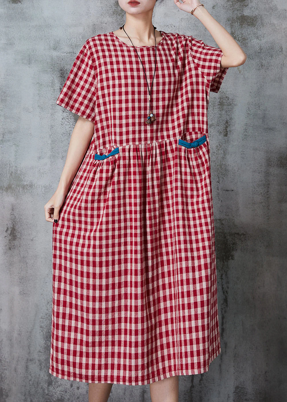 Classy Red Oversized Plaid Linen Dress Summer - Image 2