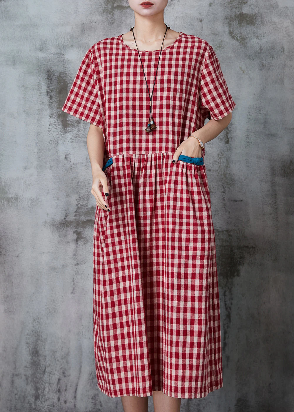 Classy Red Oversized Plaid Linen Dress Summer - Image 3