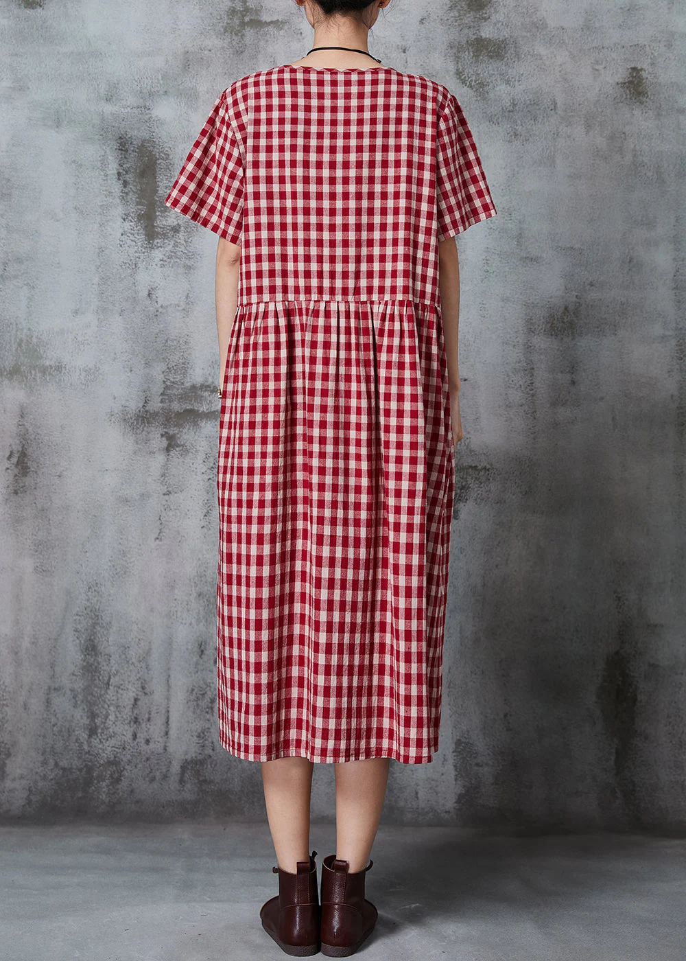 Classy Red Oversized Plaid Linen Dress Summer - Image 4